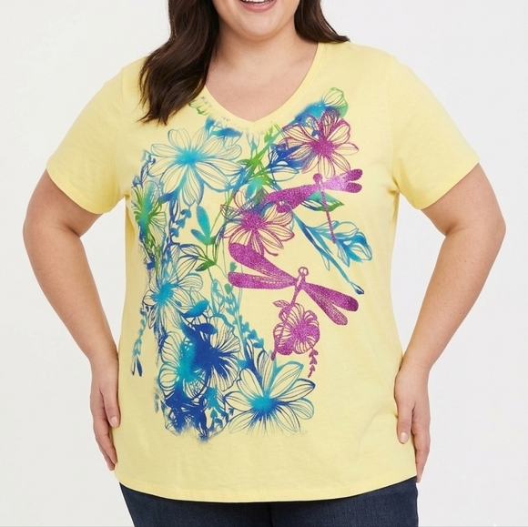 Just My Size Tops - NWOT Just My Size Yellow V-Neck Tee with Blue, Green & Purple Floral Dragonfly